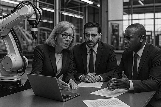 Image of three executives convening near a robotic manufacturing equipment..